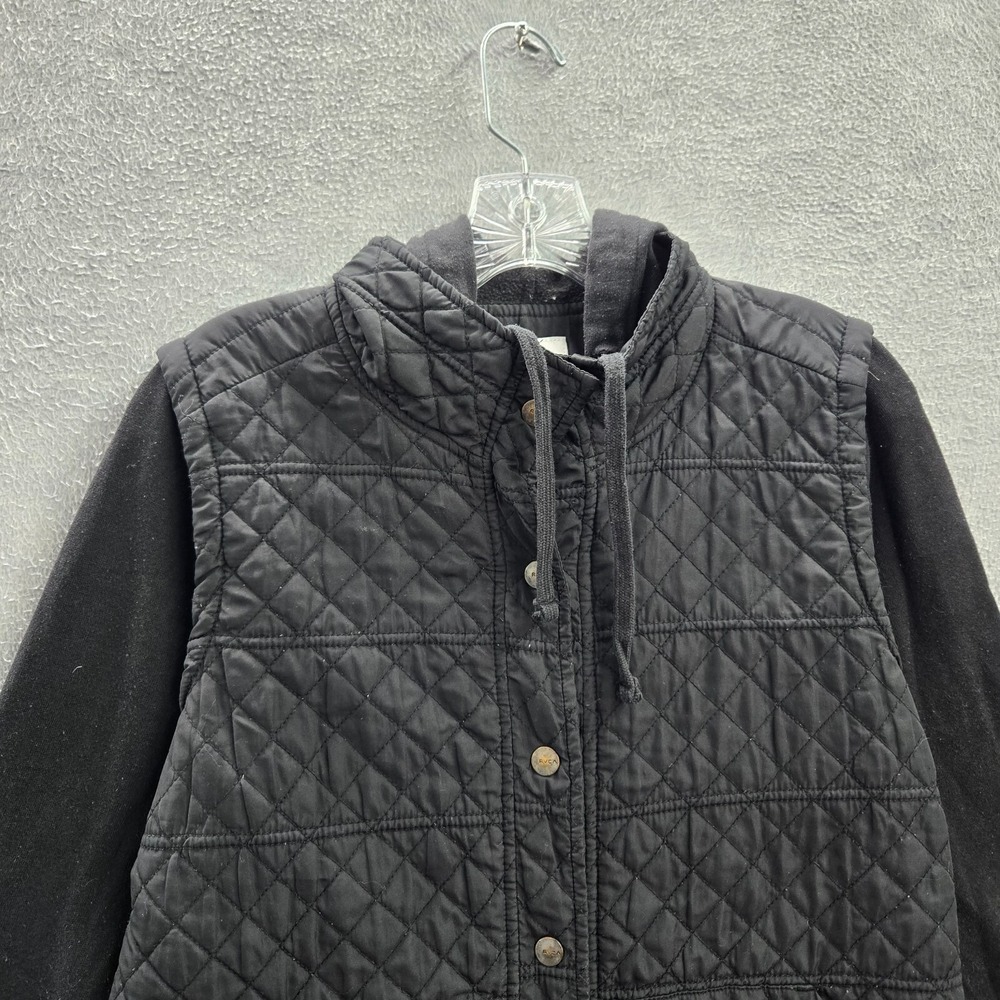RVCA Women Jacket Large Black Quilted Hooded Snap Long Sleeve READ